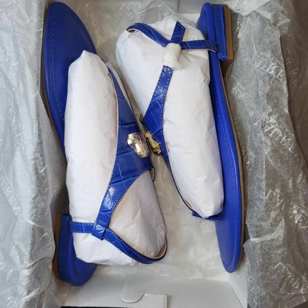Lauren Ralph Lauren Ellington Crocodile Embossed Leather Sandal - Blue Size 7.5